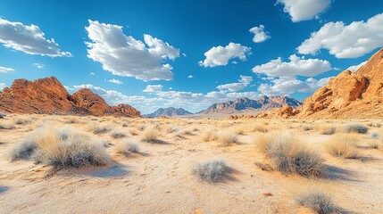 Stunning desert rock formations under a vivid blue sky with scattered clouds, highlighting the beauty of the landscape.