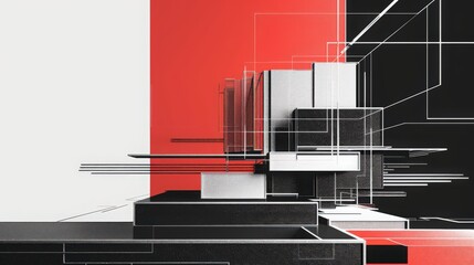 This background features a minimalist schematic design in white, set against a bold red and black backdrop.