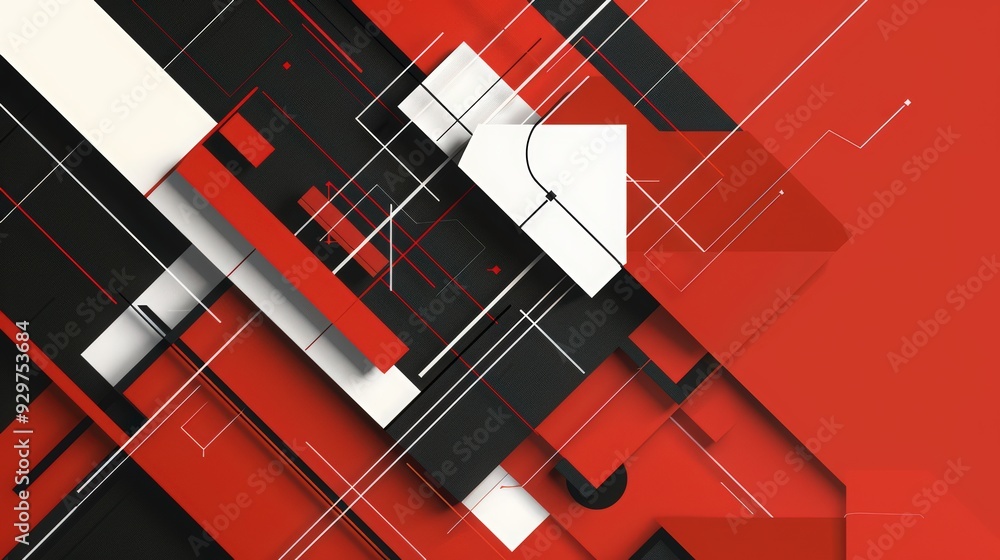Poster this background showcases a minimalist schematic design with white lines on a striking red and black