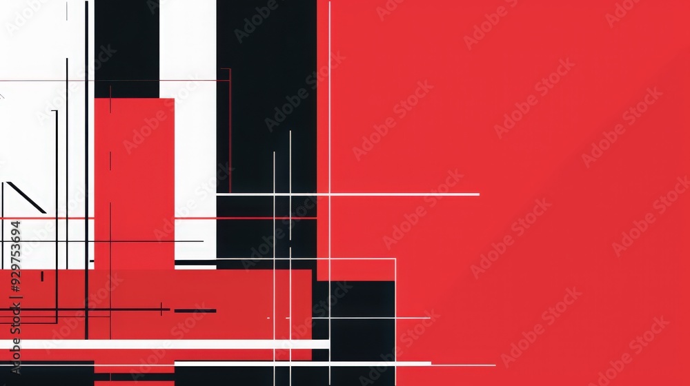 Poster this background showcases a minimalist schematic design with white lines on a striking red and black