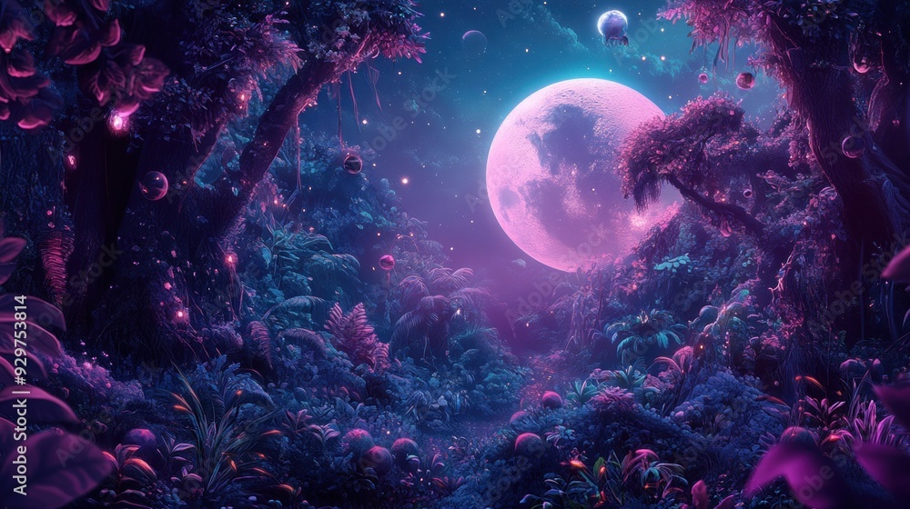 Canvas Prints Mystical Forest Under a Pink Moon and Starry Sky