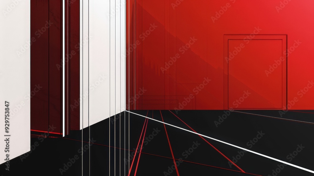 Poster this background showcases a minimalist schematic design with white lines on a striking red and black