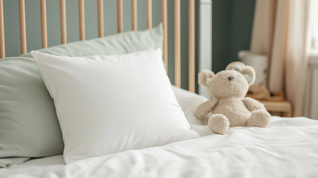 baby nursery room, Close up of bed with white bedding , teddy bear and pillow, Scandinavian interior design of modern bedroom