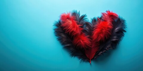 Black and red feather heart on blue background, feathers, heart, love, romantic, decoration, Valentine's Day, colorful