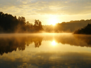 Fototapeta premium Calm sunrise over a foggy lake with reed silhouettes.