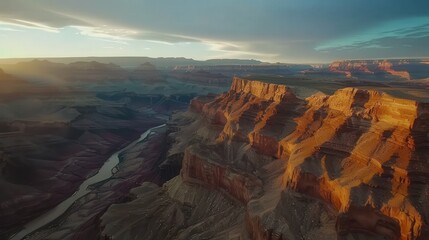 Visualize an aerial panorama of a canyon with a time-lapse effect, showing the transition from day to night.