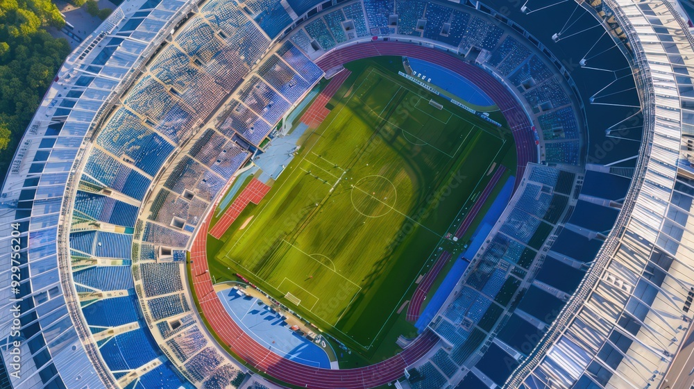Poster visualize an aerial view of a stadium during a clear day, with the field and surrounding area clearl