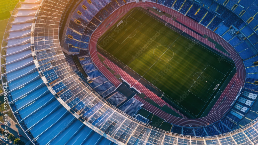 Poster visualize an aerial view of a stadium during a clear day, with the field and surrounding area clearl