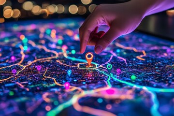 Naklejka premium Hand places pin on glowing digital map, emphasizing precision, navigation, and urban technology.