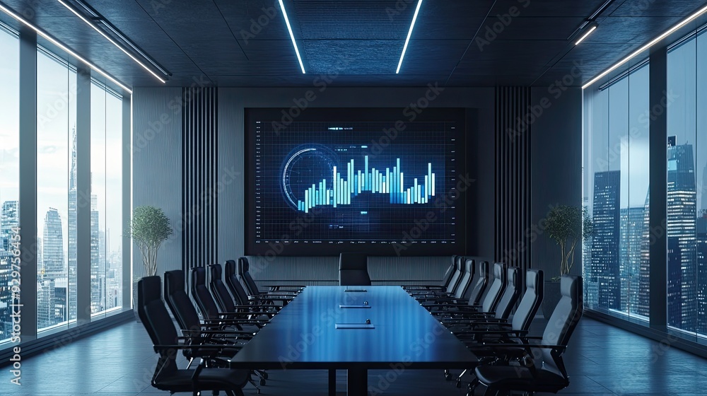 Poster a beautiful circle graph displayed on a large screen in a modern conference room