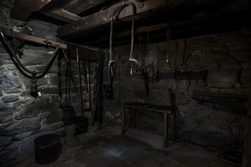 An ominous medieval torture chamber, dimly lit and filled with ancient, grim instruments of punishment, evoking a sense of dark history.