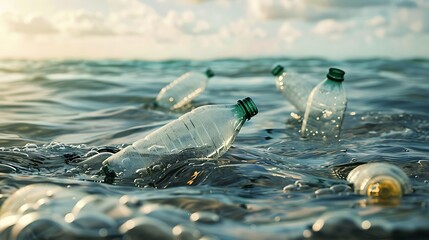 Plastic bottles floating in the ocean, a reminder of pollution and environmental damage.