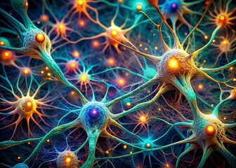 Vibrant, intricate illustration of neural networks, featuring glowing proteins and delicate connections, capturing the fascinating complexity of biological systems in mesmerizing microscopic detail.