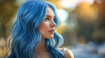 Fototapeta premium Radiant Portrait of a Blue-Haired Woman in Soft Autumn Light
