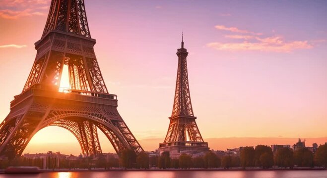 photograph architectural view of the eiffel tower in sunset landscape