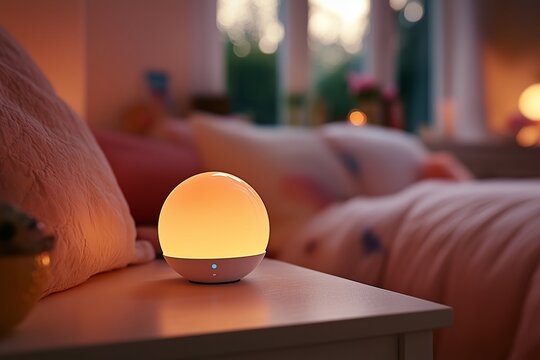 A warm and inviting bedroom scene featuring a glowing smart lamp on a bedside table.