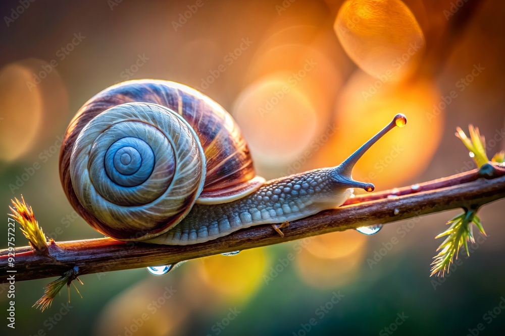 Poster Delicate snail antennae gently rest on a tiny twig, showcasing intricate textures and natural detail in a stunning macro photography close-up composition.