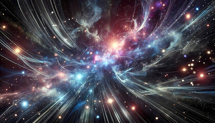 Naklejka premium A wide abstract image featuring a cosmic energy theme. The image uses dark colors such as deep blues, purples, and blacks to create a mysterious, space. Generative AI