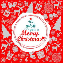 Naklejka premium We wish you a Merry Christmas! Vintage card with Christmas tree, ball, gift box. Bright Winter holiday composition. Greeting card, banner, poster. Vector illustration
