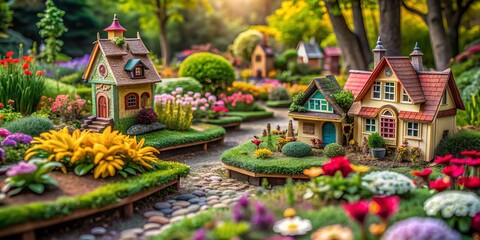 Obraz premium Delicate tiny houses, adorned with intricate details, nestled among lush greenery, vibrant flowers, and meandering pathways in a whimsical miniature park setting.
