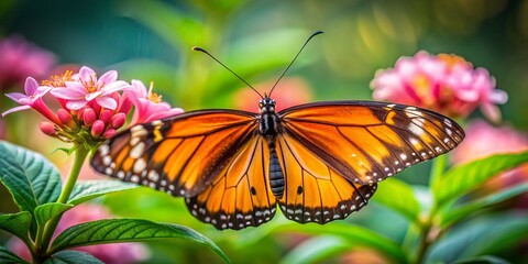 Vibrant orange butterfly with delicate black veins perches on soft pink petals of a blooming flower against a blurred green leafy background.
