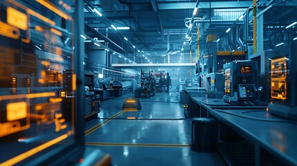 Fototapeta premium Futuristic automated factory floor featuring robotic machinery and glowing digital control screens under blue ambient lighting.