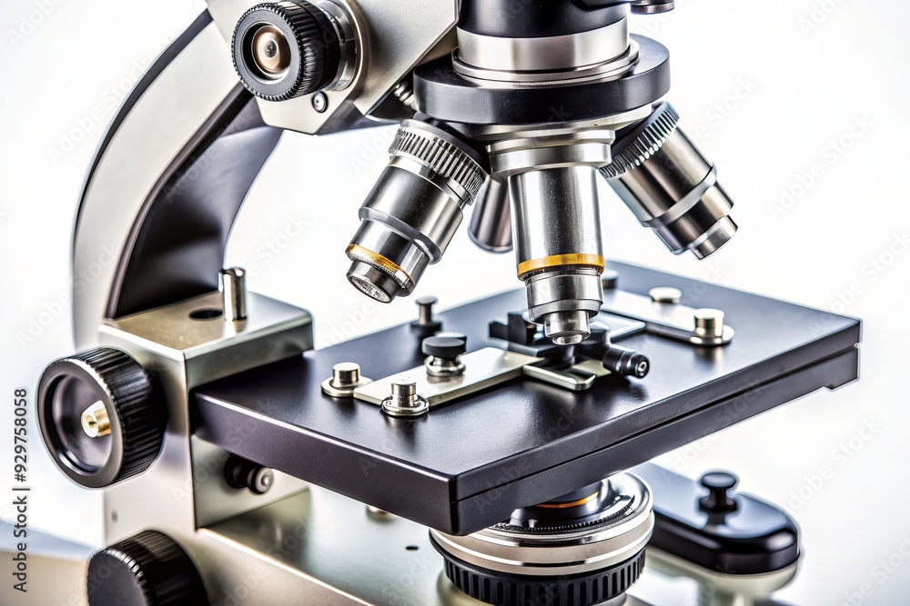 Aufkleber high-contrast macro view of a laboratory microscope's intricate mechanical components, including len