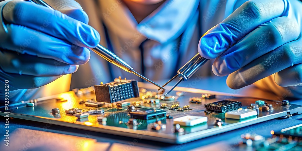 Poster delicate gloved hands precision-assemble tiny microchips using minute tools, showcasing intricate co