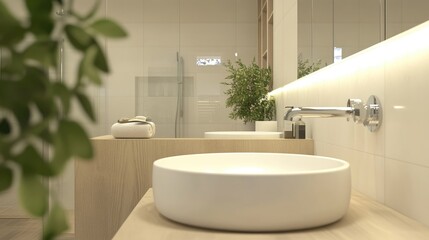 A clean and modern bathroom with a wall-mounted sink and minimalist design