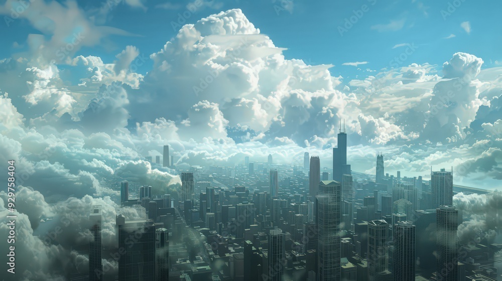 Poster visualize the chicago skyline with a dramatic cloud formation in the background, adding depth to the
