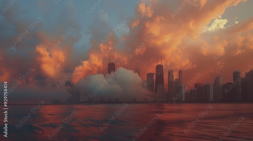 Poster visualize the chicago skyline with a dramatic cloud formation in the background, adding depth to the