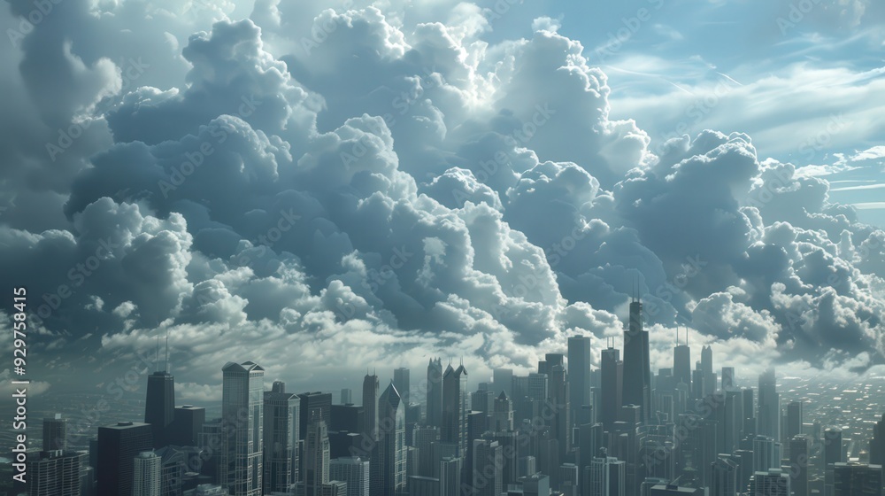 Poster visualize the chicago skyline with a dramatic cloud formation in the background, adding depth to the