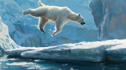 Fototapeta premium Polar bear leaping from a snow-covered ledge into the water.