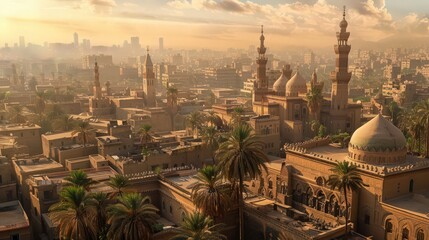 Obraz premium Visualize the Coptic Quarter and its churches in Old Cairo, seen from an elevated perspective with their ancient Christian heritage.