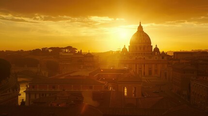 Visualize the dome of St. Peter's Basilica glowing at sunset, casting a golden hue over Vatican City and the surrounding Roman rooftops