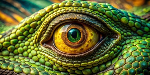 Obraz premium Vibrant green and yellow reptilian eye with intricate scales and golden flecks, staring intensely, its microscopic details revealed in mesmerizing extreme close-up.