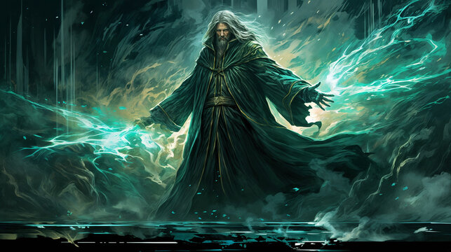Powerful wizard conjuring mystical energy, ancient sorcerer wielding magic in stormy landscape, fantasy illustration of bearded mage controlling ethereal forces