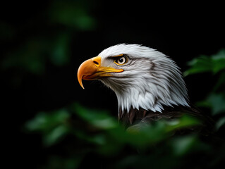 Obraz premium A bald eagle with an orange beak and yellow eyes