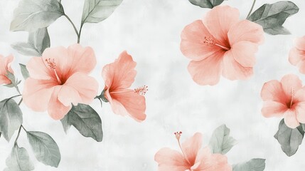 A beautiful floral pattern featuring soft pink hibiscus flowers and green leaves.