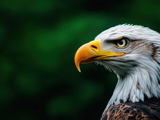 Obraz premium A large eagle with a yellow beak and yellow eyes stares at the camera