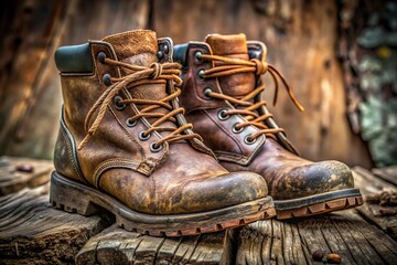Rugged, weathered boots with scuffs, mud, and dirt accumulated on the soles and laces, evoking a sense of adventure, exploration, and outdoor ruggedness.