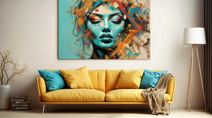 Vibrant abstract portrait adorns modern living room, turquoise and orange artwork contrasts with yellow sofa, creating a bold and expressive interior design statement