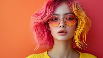 Fototapeta premium Vibrant Portrait of a Woman with Multicolored Hair and Retro Glasses
