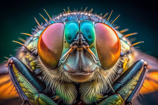 Vivid macro close-up of a common housefly's compound eyes, delicate wings, and hairy body, revealing intricate details of its tiny but fascinating anatomy.