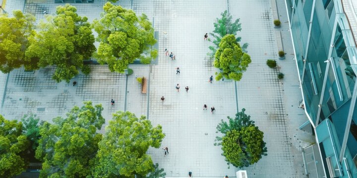 An ariel view of people walking through or using a plaza or square in a city center or university complex