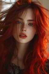 Fototapeta premium Dramatic Portrait of a Woman with Fiery Red Hair in the Wind