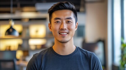 Fototapeta premium Portrait of a smiling Asian man in a modern office.