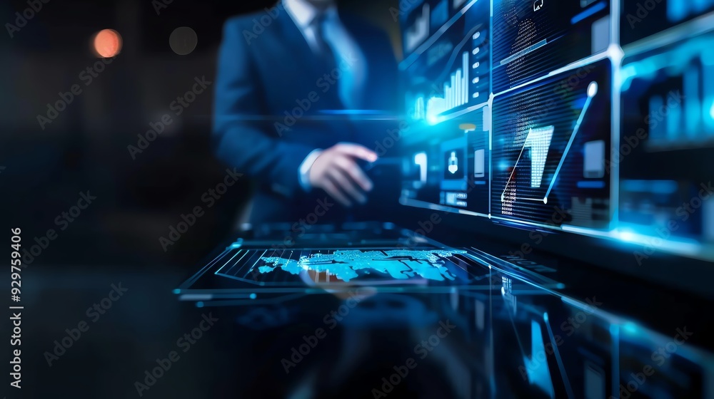 Poster a business professional interacts with an advanced digital interface, showcasing data analysis and f