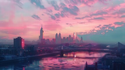 Obraz premium Visualize the Philadelphia skyline during a pastel-colored sunset, with soft hues blending seamlessly into the sky.