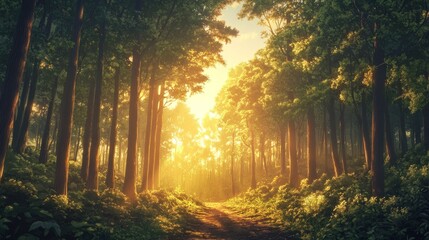 Obraz premium A Sunlit Path Through a Dense, Lush Forest